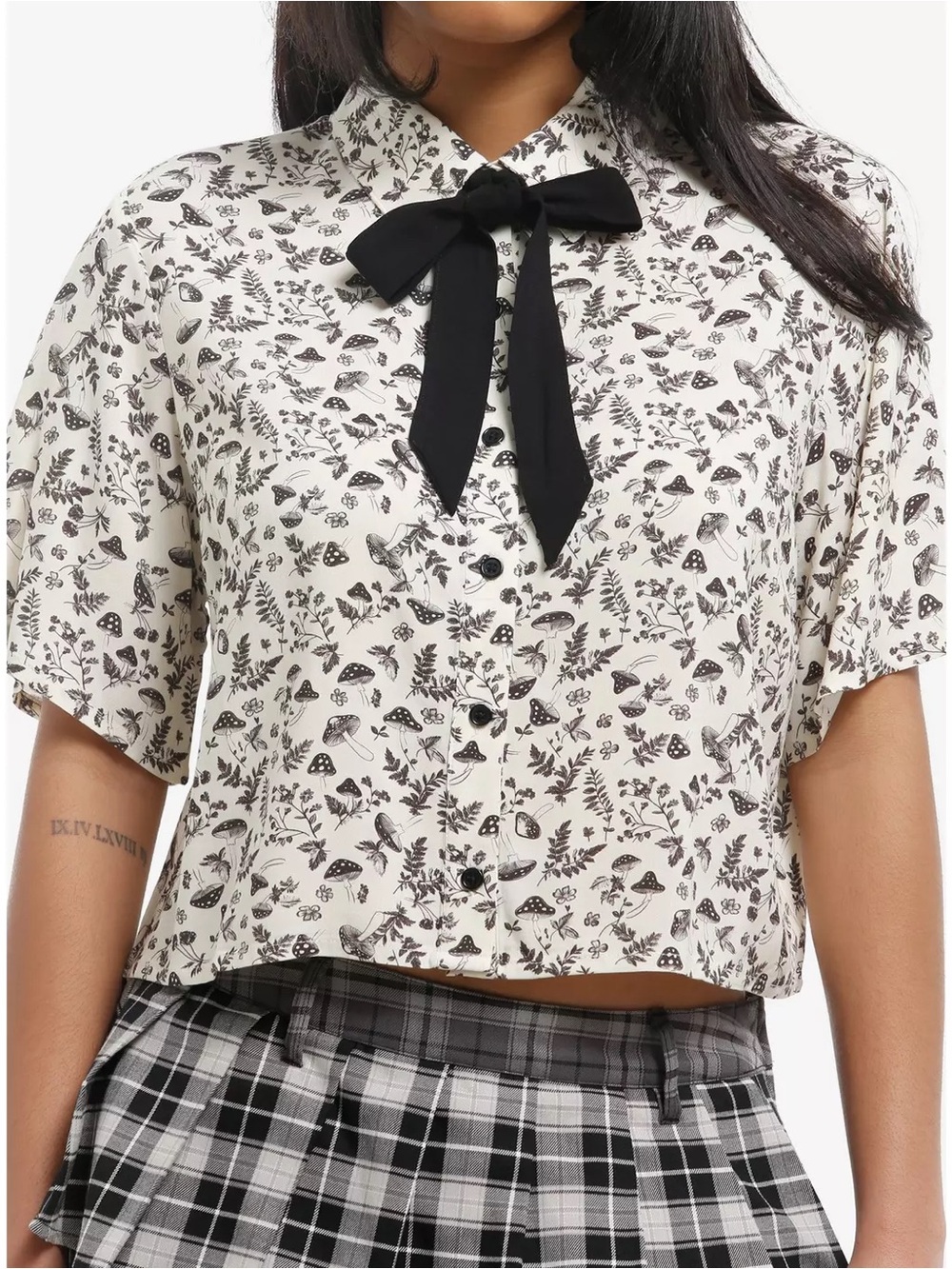 Thorn & Fable Mushroom Print Plants Crop Woven Button-Up Cottagecore Fairycore
